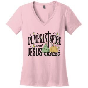 Pumpkin Spice And Jesus Christ Fun Fall Christian Cross Faith Women's V-Neck T-Shirt