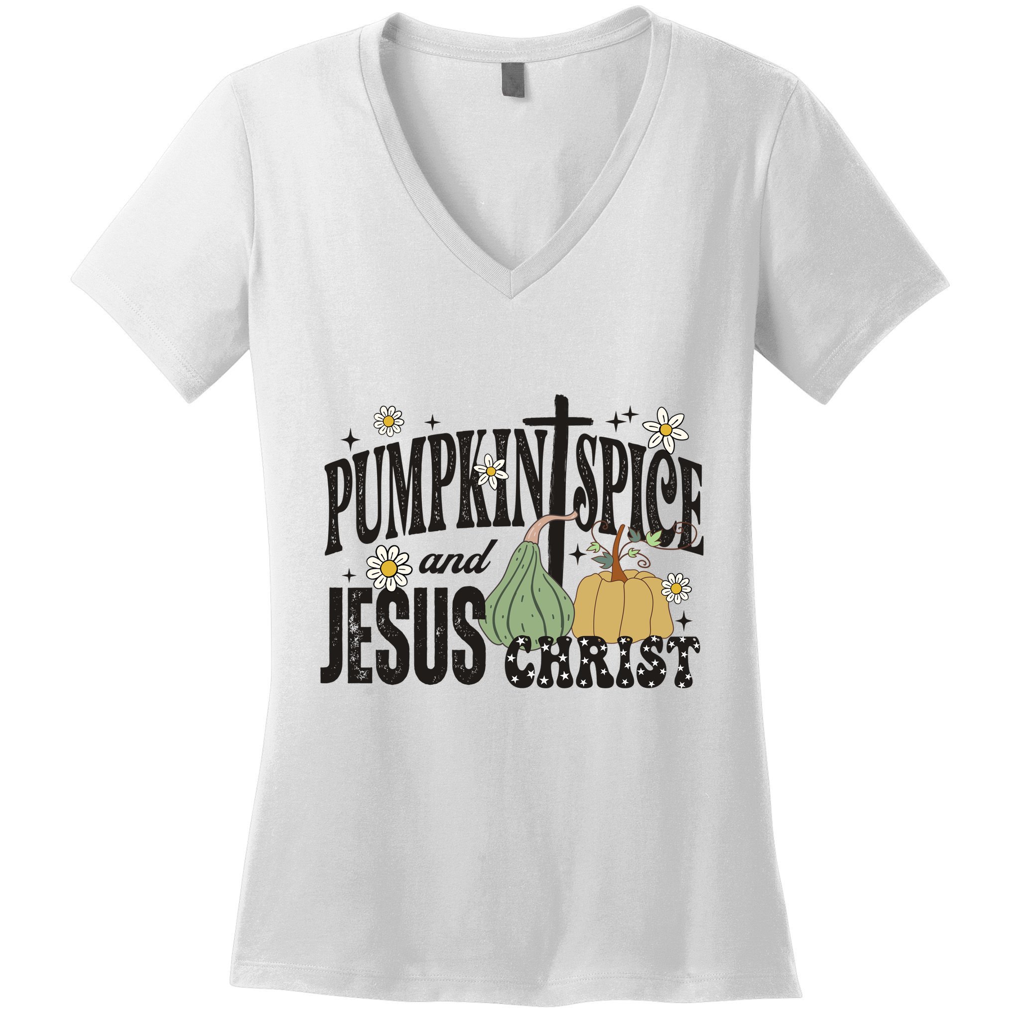 Pumpkin Spice And Jesus Christ Fun Fall Christian Cross Faith Women's V-Neck T-Shirt