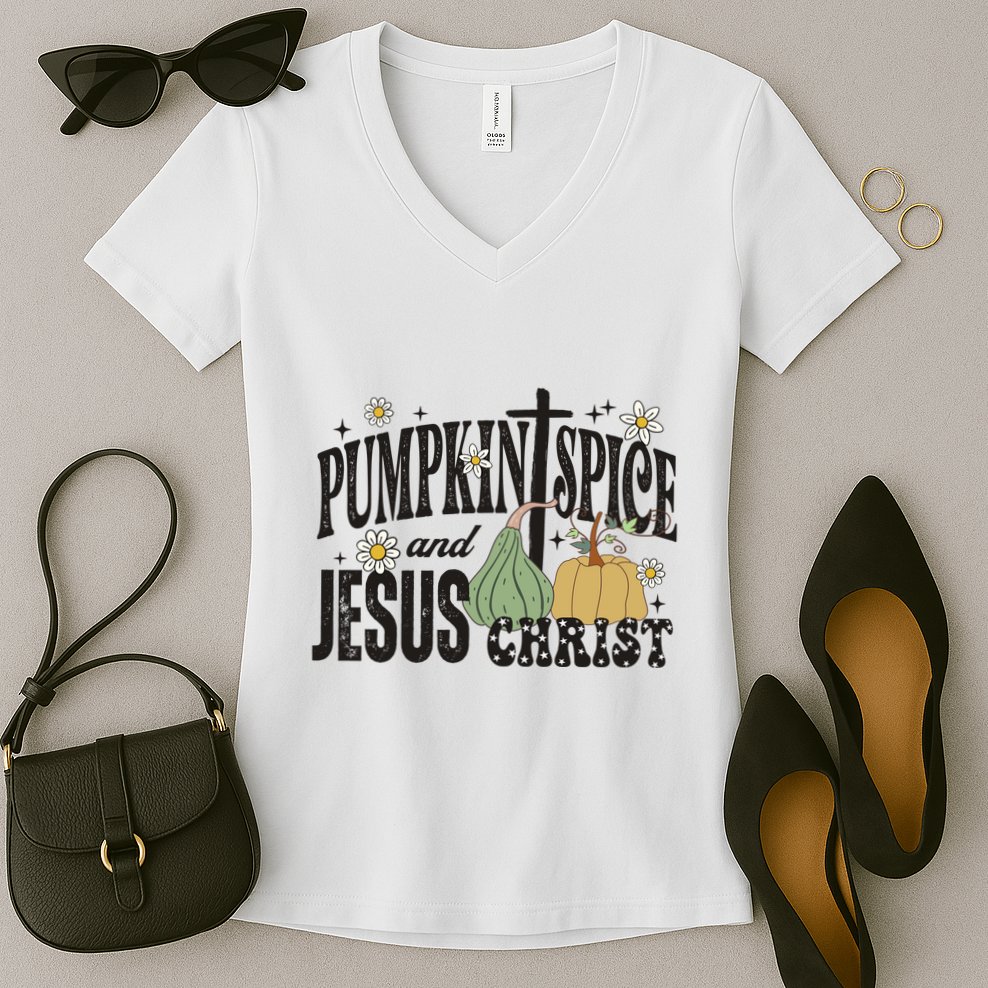 Pumpkin Spice And Jesus Christ Fun Fall Christian Cross Faith Women's V-Neck T-Shirt