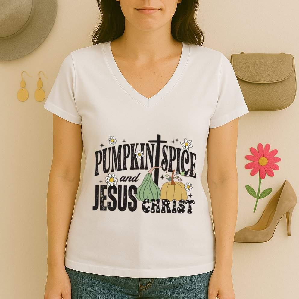 Pumpkin Spice And Jesus Christ Fun Fall Christian Cross Faith Women's V-Neck T-Shirt