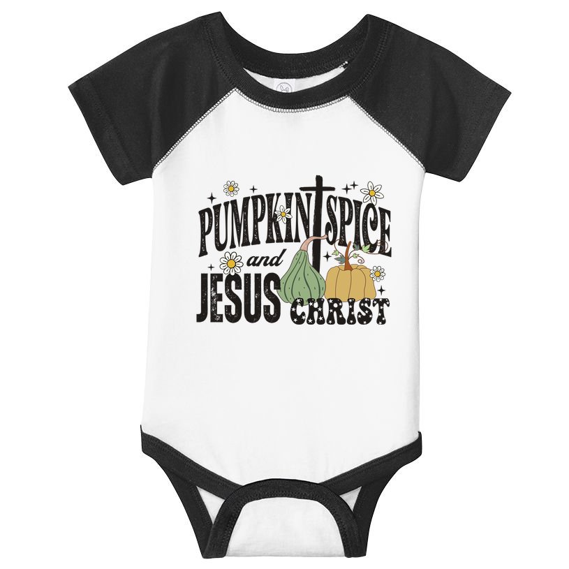 Pumpkin Spice And Jesus Christ Fun Fall Christian Cross Faith Infant Baby Jersey Bodysuit