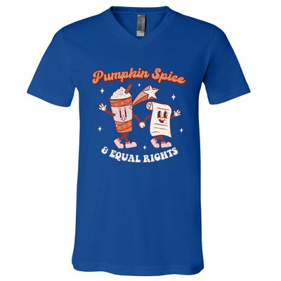 Pumpkin Spice And Equal Rights Retro Groovy Fall Season Gift V-Neck T-Shirt