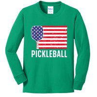 Paddle Sport American Flag Pickleball Lover Gift Kids Long Sleeve Shirt