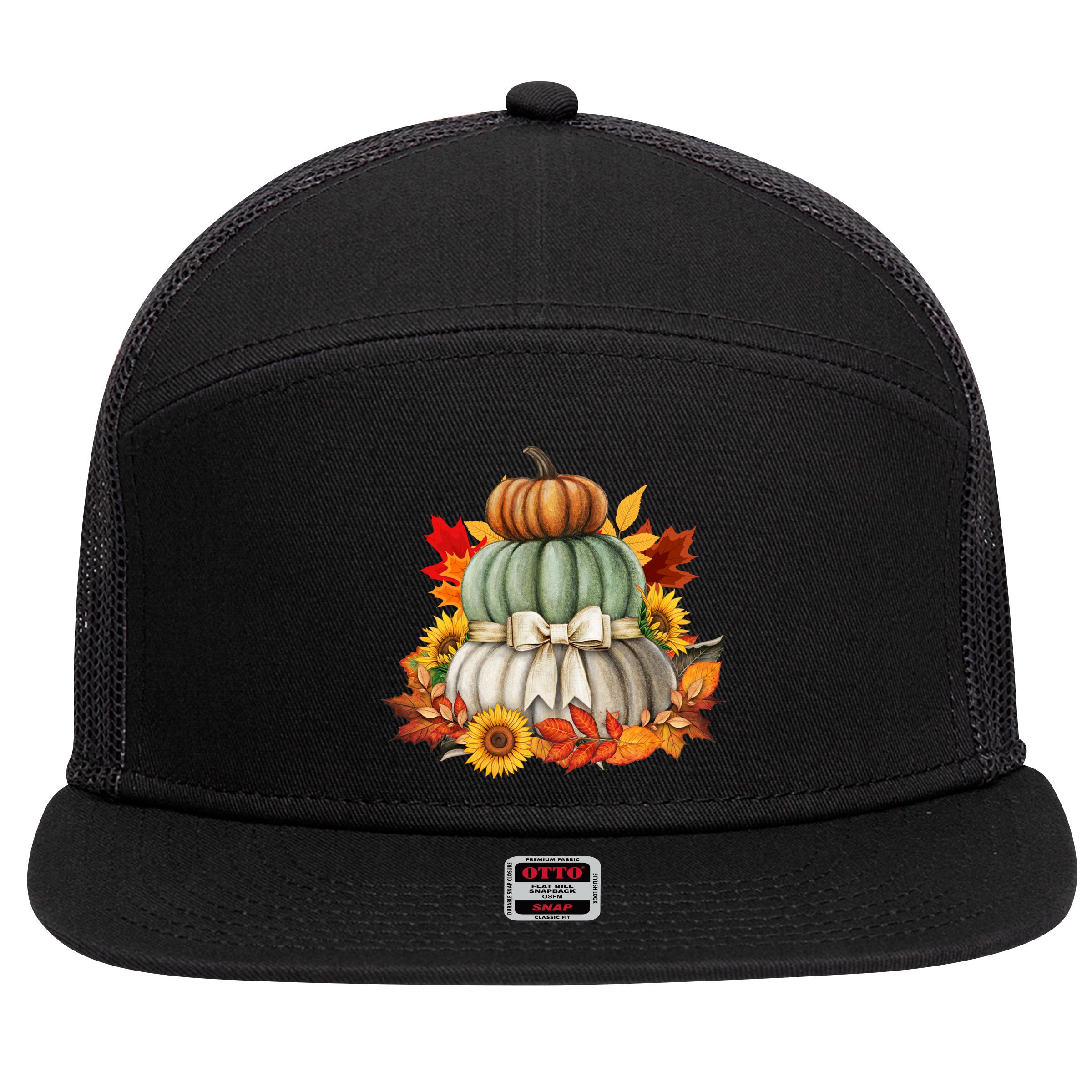 Pumpkin Sunflower Autumn Leaves 7 Panel Mesh Trucker Snapback Hat