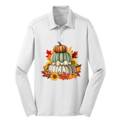 Pumpkin Sunflower Autumn Leaves Silk Touch Performance Long Sleeve Polo