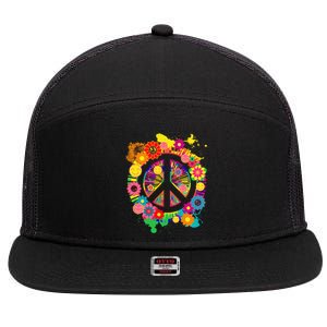 Peace Sign Bright Colorful Flowers 60s 70s Hippie Retro Meaningful Gift 7 Panel Mesh Trucker Snapback Hat