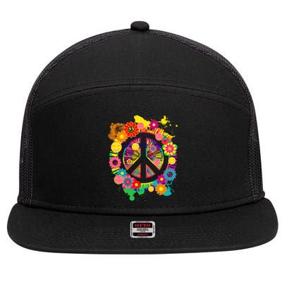 Peace Sign Bright Colorful Flowers 60s 70s Hippie Retro Meaningful Gift 7 Panel Mesh Trucker Snapback Hat