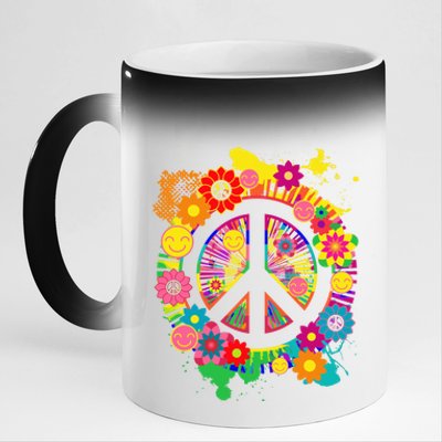 Peace Sign Bright Colorful Flowers 60s 70s Hippie Retro Meaningful Gift 11oz Black Color Changing Mug