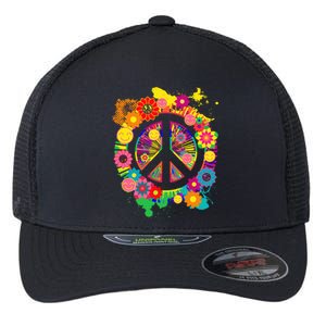 Peace Sign Bright Colorful Flowers 60s 70s Hippie Retro Meaningful Gift Flexfit Unipanel Trucker Cap