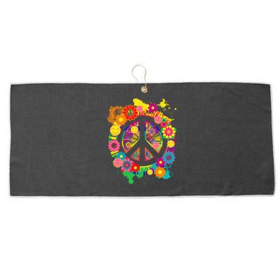 Peace Sign Bright Colorful Flowers 60s 70s Hippie Retro Meaningful Gift Large Microfiber Waffle Golf Towel