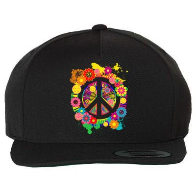 Peace Sign Bright Colorful Flowers 60s 70s Hippie Retro Meaningful Gift Wool Snapback Cap