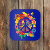 Peace Sign Bright Colorful Flowers 60s 70s Hippie Retro Meaningful Gift Coaster