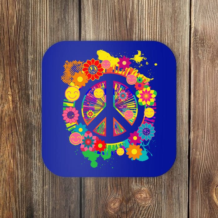 Peace Sign Bright Colorful Flowers 60s 70s Hippie Retro Meaningful Gift Coaster