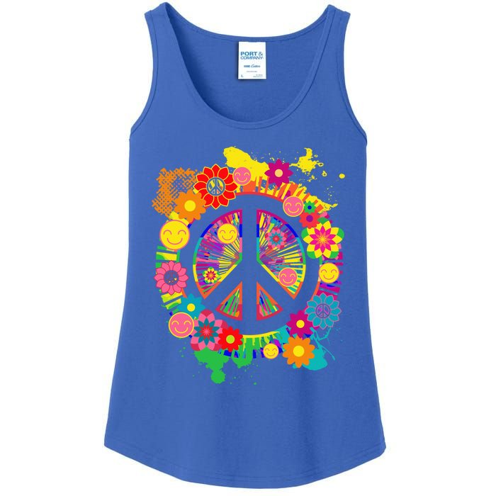 Peace Sign Bright Colorful Flowers 60s 70s Hippie Retro Meaningful Gift Ladies Essential Tank