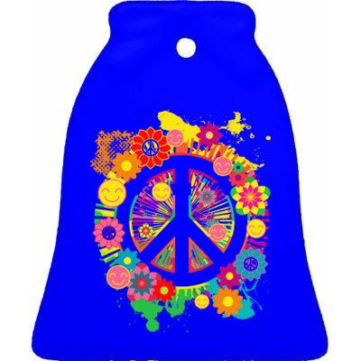 Peace Sign Bright Colorful Flowers 60s 70s Hippie Retro Meaningful Gift Ceramic Bell Ornament