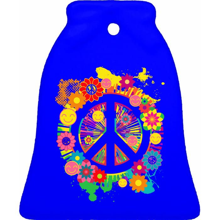 Peace Sign Bright Colorful Flowers 60s 70s Hippie Retro Meaningful Gift Ceramic Bell Ornament