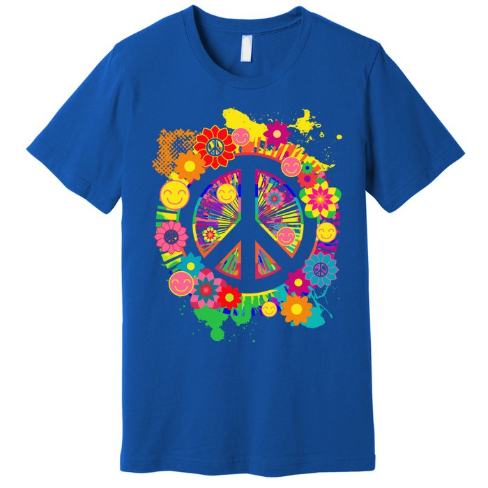 Peace Sign Bright Colorful Flowers 60s 70s Hippie Retro Meaningful Gift Premium T-Shirt