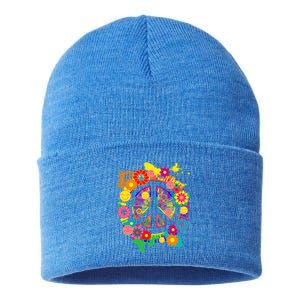 Peace Sign Bright Colorful Flowers 60s 70s Hippie Retro Meaningful Gift Sustainable Knit Beanie