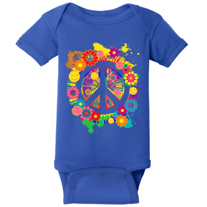 Peace Sign Bright Colorful Flowers 60s 70s Hippie Retro Meaningful Gift Baby Bodysuit