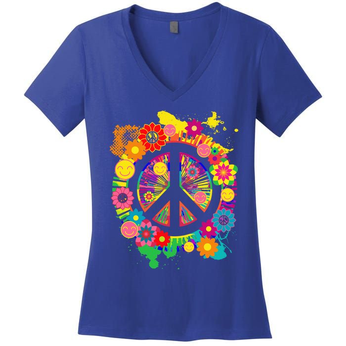 Peace Sign Bright Colorful Flowers 60s 70s Hippie Retro Meaningful Gift Women's V-Neck T-Shirt