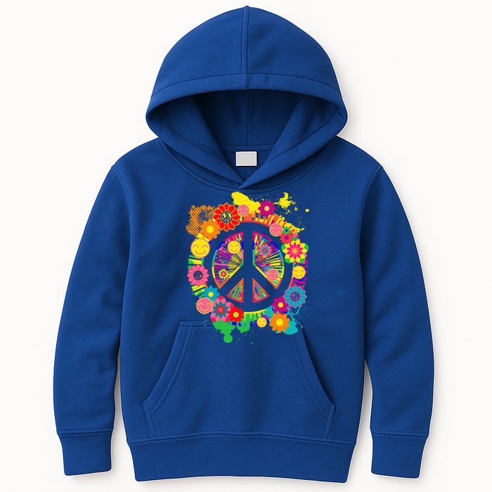 Peace Sign Bright Colorful Flowers 60s 70s Hippie Retro Meaningful Gift Kids Hoodie