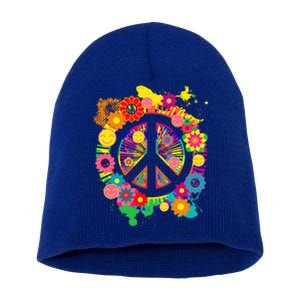 Peace Sign Bright Colorful Flowers 60s 70s Hippie Retro Meaningful Gift Short Acrylic Beanie