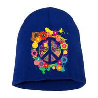 Peace Sign Bright Colorful Flowers 60s 70s Hippie Retro Meaningful Gift Short Acrylic Beanie