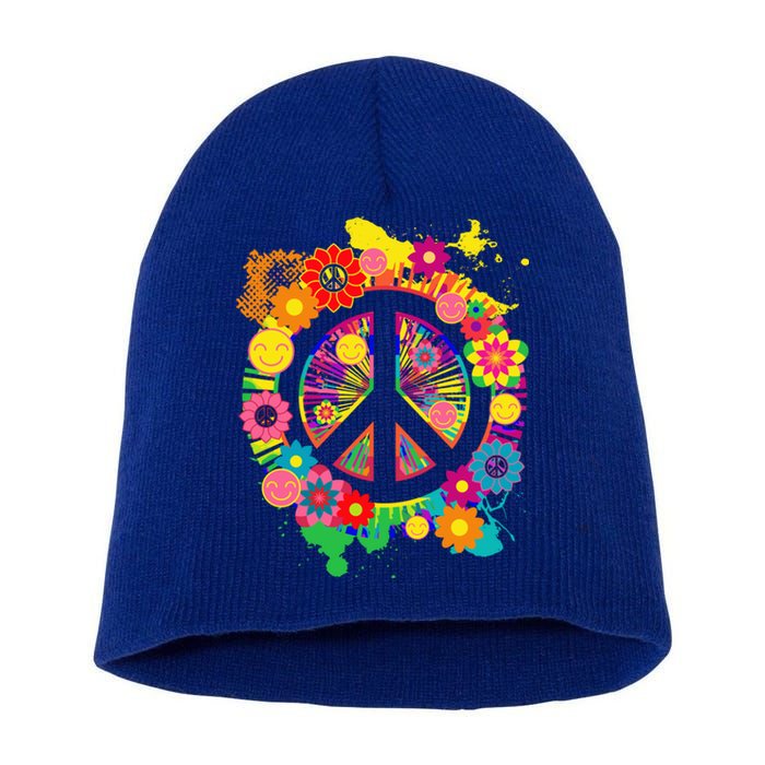 Peace Sign Bright Colorful Flowers 60s 70s Hippie Retro Meaningful Gift Short Acrylic Beanie