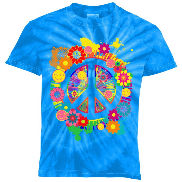 Peace Sign Bright Colorful Flowers 60s 70s Hippie Retro Meaningful Gift Kids Tie-Dye T-Shirt