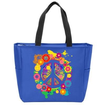 Peace Sign Bright Colorful Flowers 60s 70s Hippie Retro Meaningful Gift Zip Tote Bag