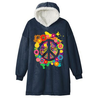 Peace Sign Bright Colorful Flowers 60s 70s Hippie Retro Meaningful Gift Hooded Wearable Blanket