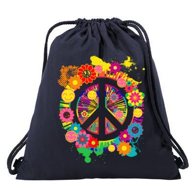 Peace Sign Bright Colorful Flowers 60s 70s Hippie Retro Meaningful Gift Drawstring Bag