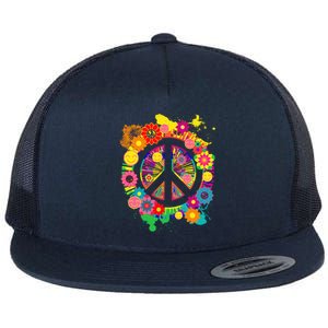 Peace Sign Bright Colorful Flowers 60s 70s Hippie Retro Meaningful Gift Flat Bill Trucker Hat