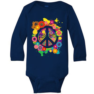 Peace Sign Bright Colorful Flowers 60s 70s Hippie Retro Meaningful Gift Baby Long Sleeve Bodysuit