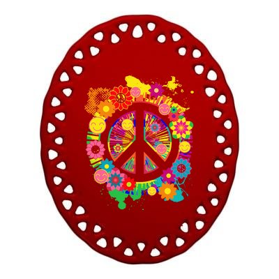 Peace Sign Bright Colorful Flowers 60s 70s Hippie Retro Meaningful Gift Ceramic Oval Ornament