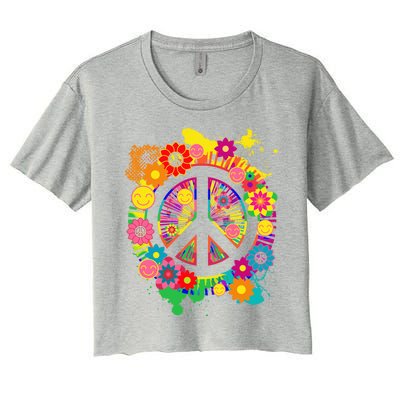 Peace Sign Bright Colorful Flowers 60s 70s Hippie Retro Meaningful Gift Women's Crop Top Tee