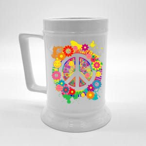 Peace Sign Bright Colorful Flowers 60s 70s Hippie Retro Meaningful Gift Beer Stein