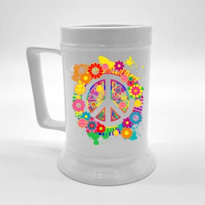 Peace Sign Bright Colorful Flowers 60s 70s Hippie Retro Meaningful Gift Beer Stein