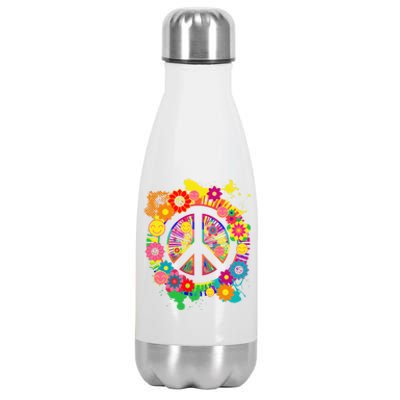 Peace Sign Bright Colorful Flowers 60s 70s Hippie Retro Meaningful Gift Stainless Steel Insulated Water Bottle