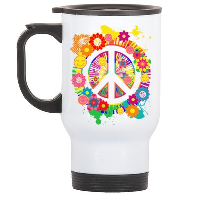 Peace Sign Bright Colorful Flowers 60s 70s Hippie Retro Meaningful Gift Stainless Steel Travel Mug