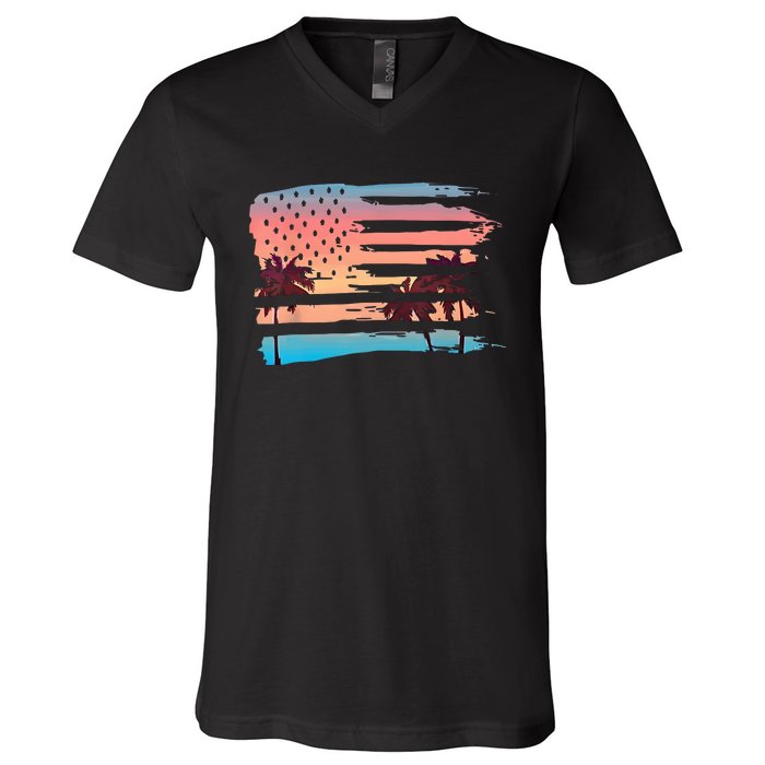 Patriotic Summer Beach American Flag V-Neck T-Shirt