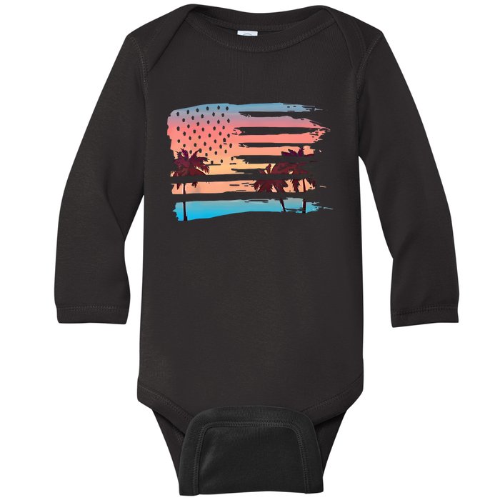 Patriotic Summer Beach American Flag Baby Long Sleeve Bodysuit