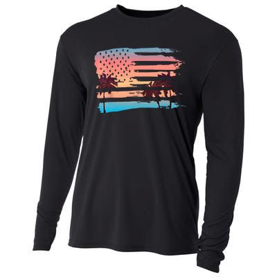 Patriotic Summer Beach American Flag Cooling Performance Long Sleeve Crew