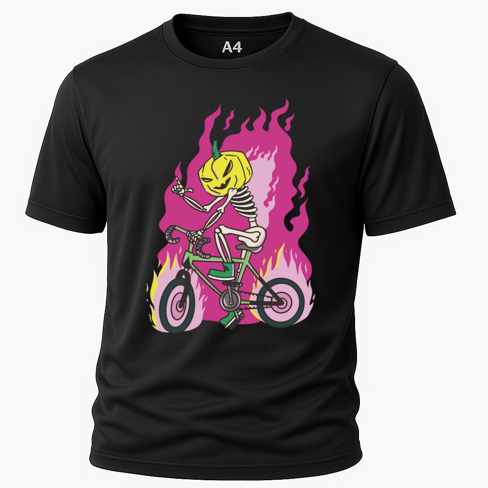 Pumpkin Skull Bike Rider Flame Cooling Performance Crew T-Shirt