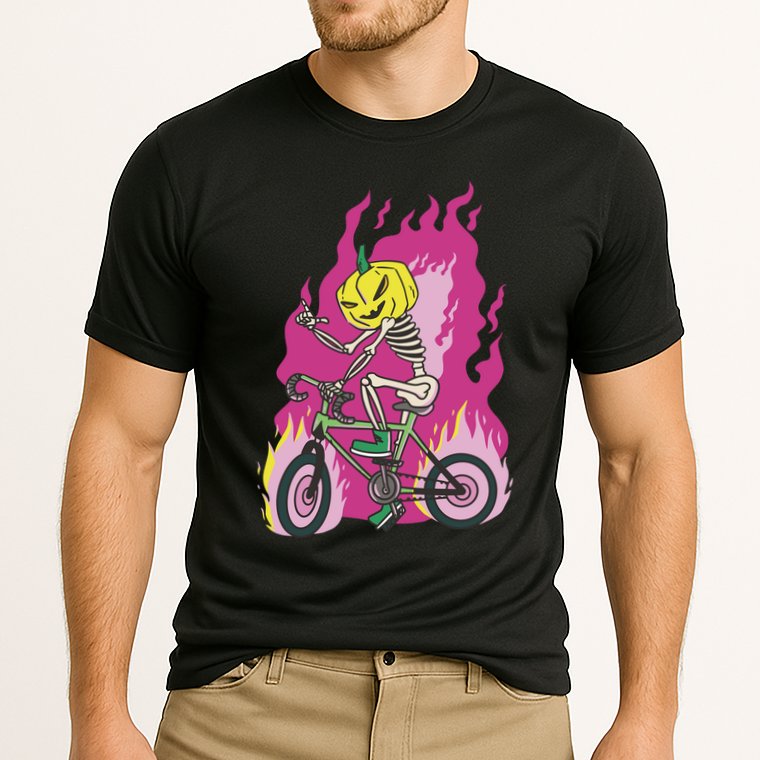 Pumpkin Skull Bike Rider Flame Cooling Performance Crew T-Shirt