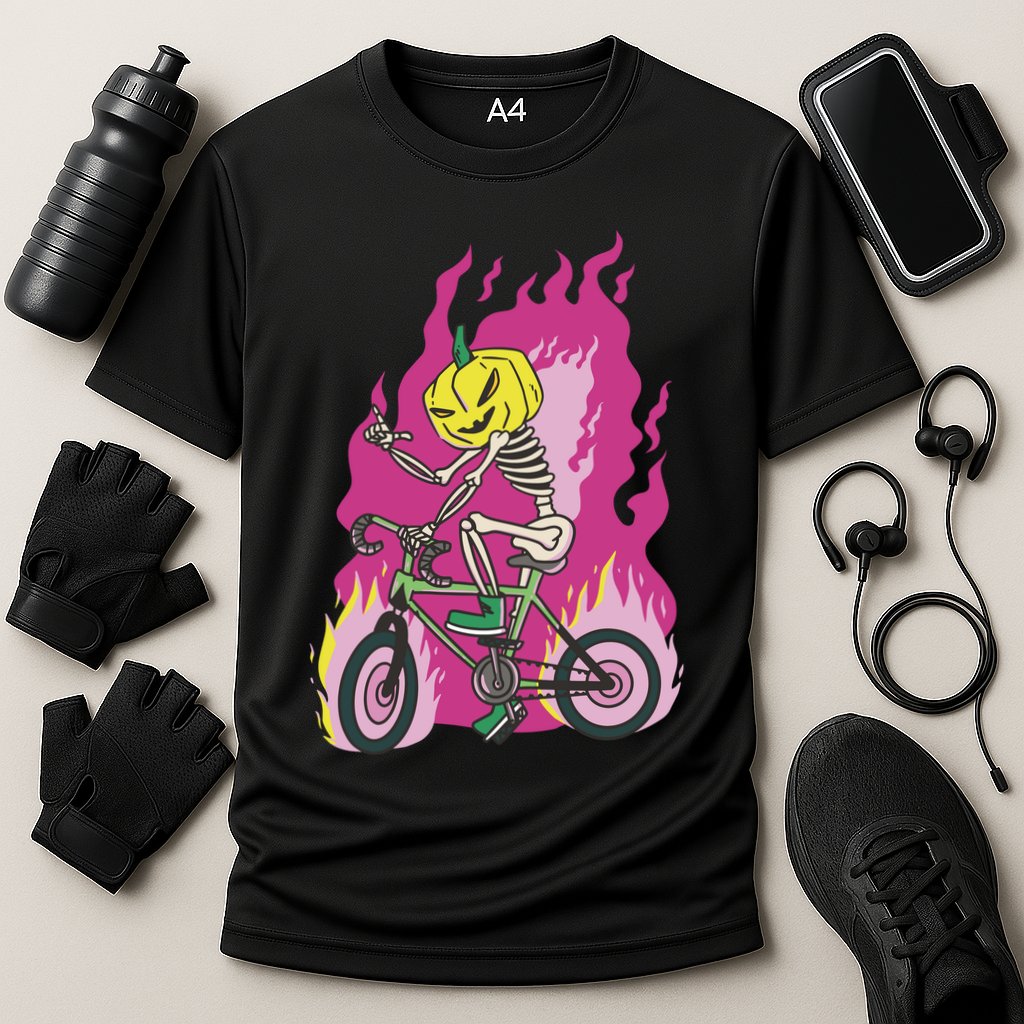 Pumpkin Skull Bike Rider Flame Cooling Performance Crew T-Shirt