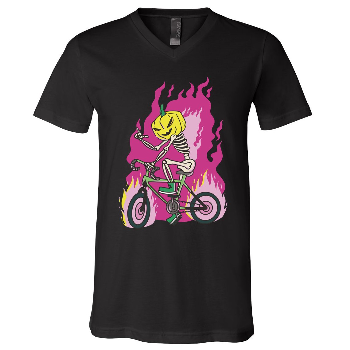 Pumpkin Skull Bike Rider Flame V-Neck T-Shirt