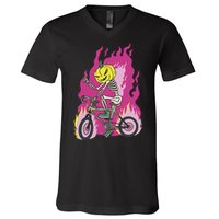 Pumpkin Skull Bike Rider Flame V-Neck T-Shirt