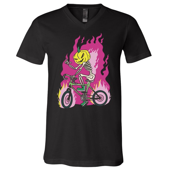 Pumpkin Skull Bike Rider Flame V-Neck T-Shirt