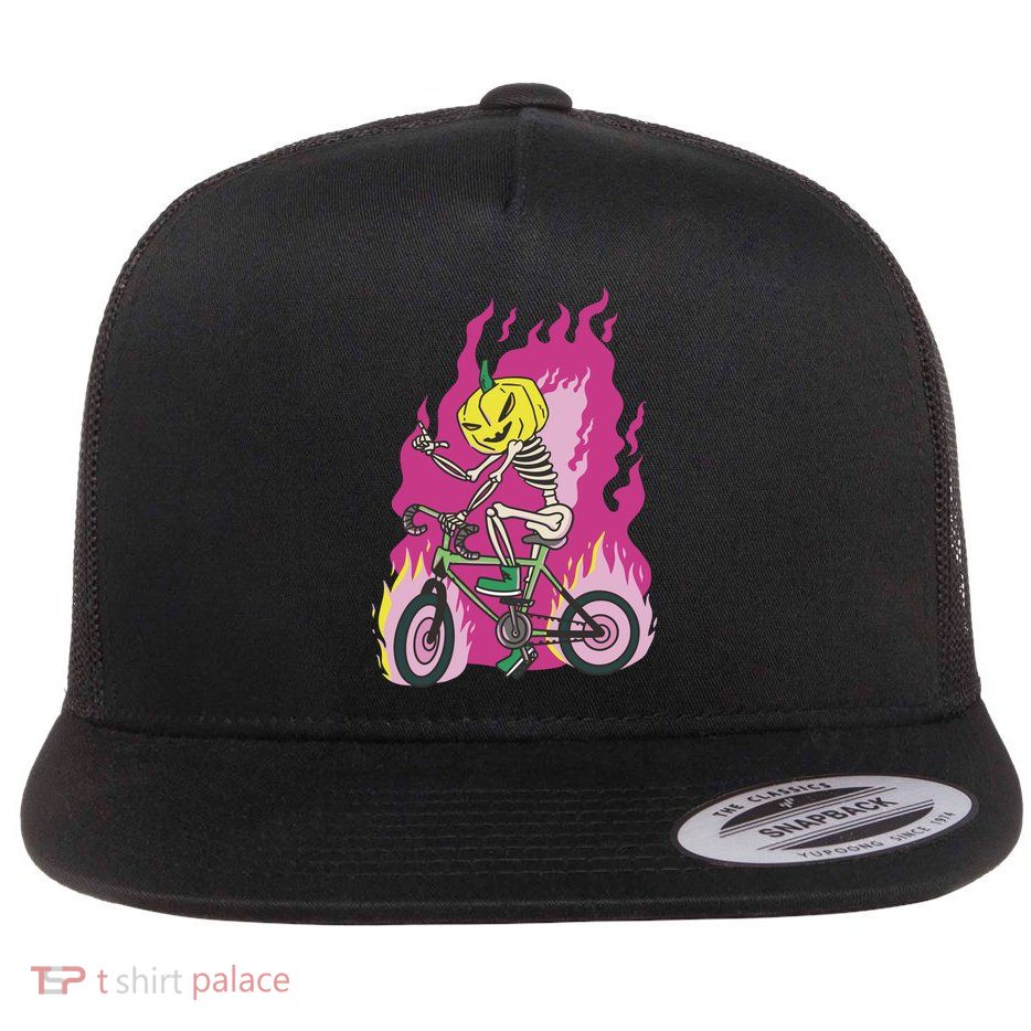 Pumpkin Skull Bike Rider Flame Flat Bill Trucker Hat
